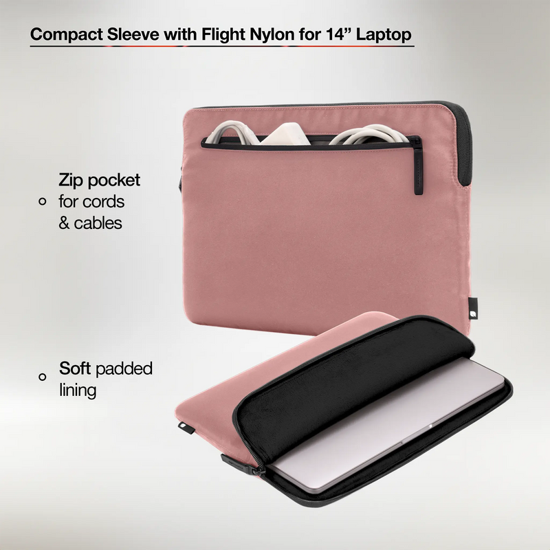 Aged Pink Compact Sleeve shown open with a laptop inside and with cables in the front pocket, with Incase captions
