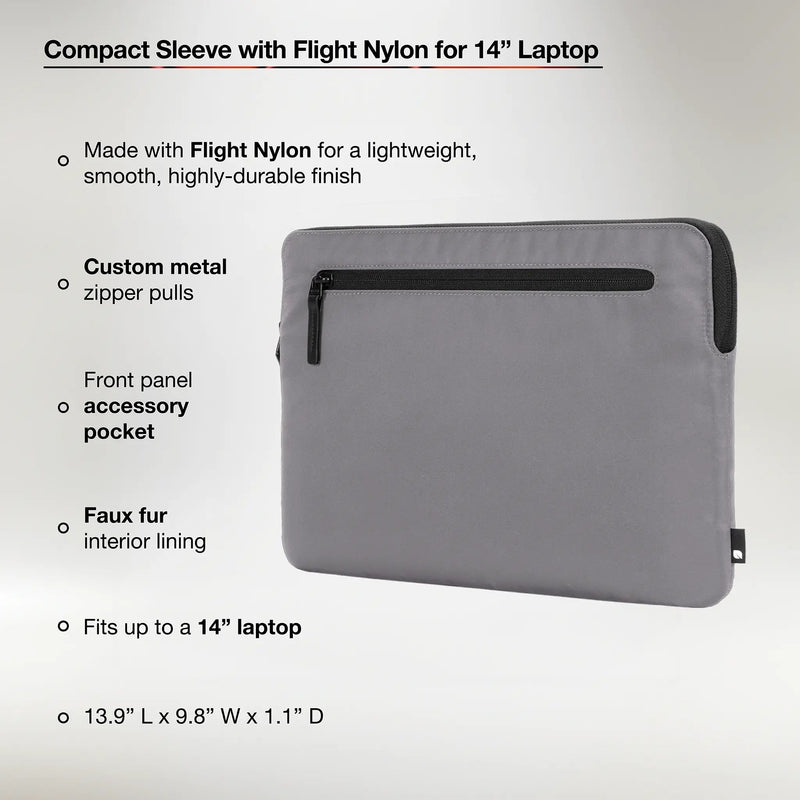 Incase feature graphic for the Conte Grey Compact Sleeve with callouts for Flight Nylon, metal zipper pulls, front pocket, faux fur lining, 14-inch fit and dimensions