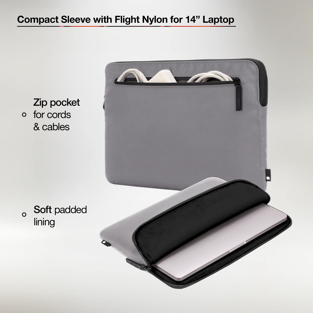Conte Grey Compact Sleeve shown open with a laptop inside and with cables in the front pocket, with Incase captions