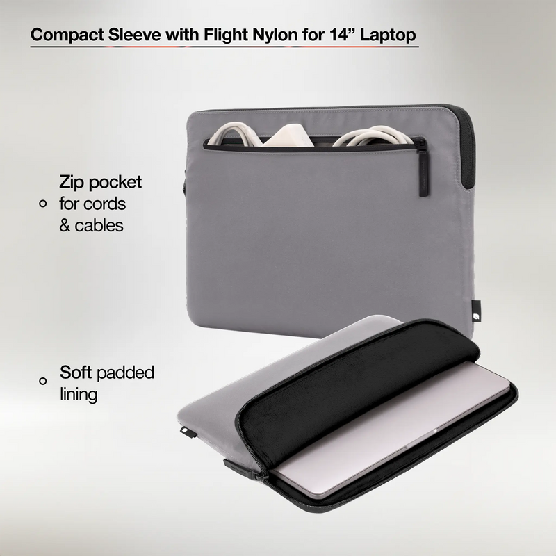 Conte Grey Compact Sleeve shown open with a laptop inside and with cables in the front pocket, with Incase captions