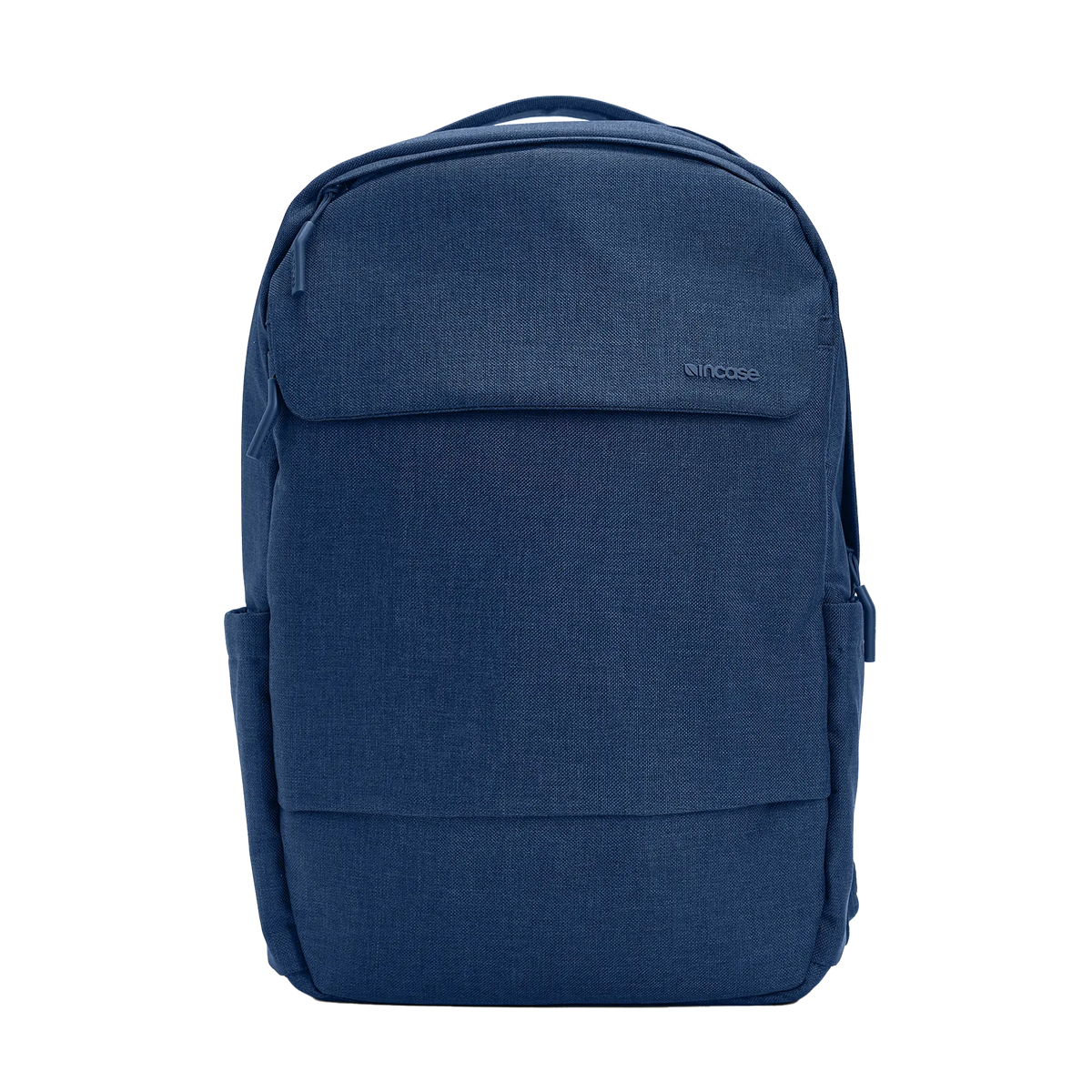 Incase Crosstown Backpack in Navy, front view on a plain background, showing the front pocket and top grab handle