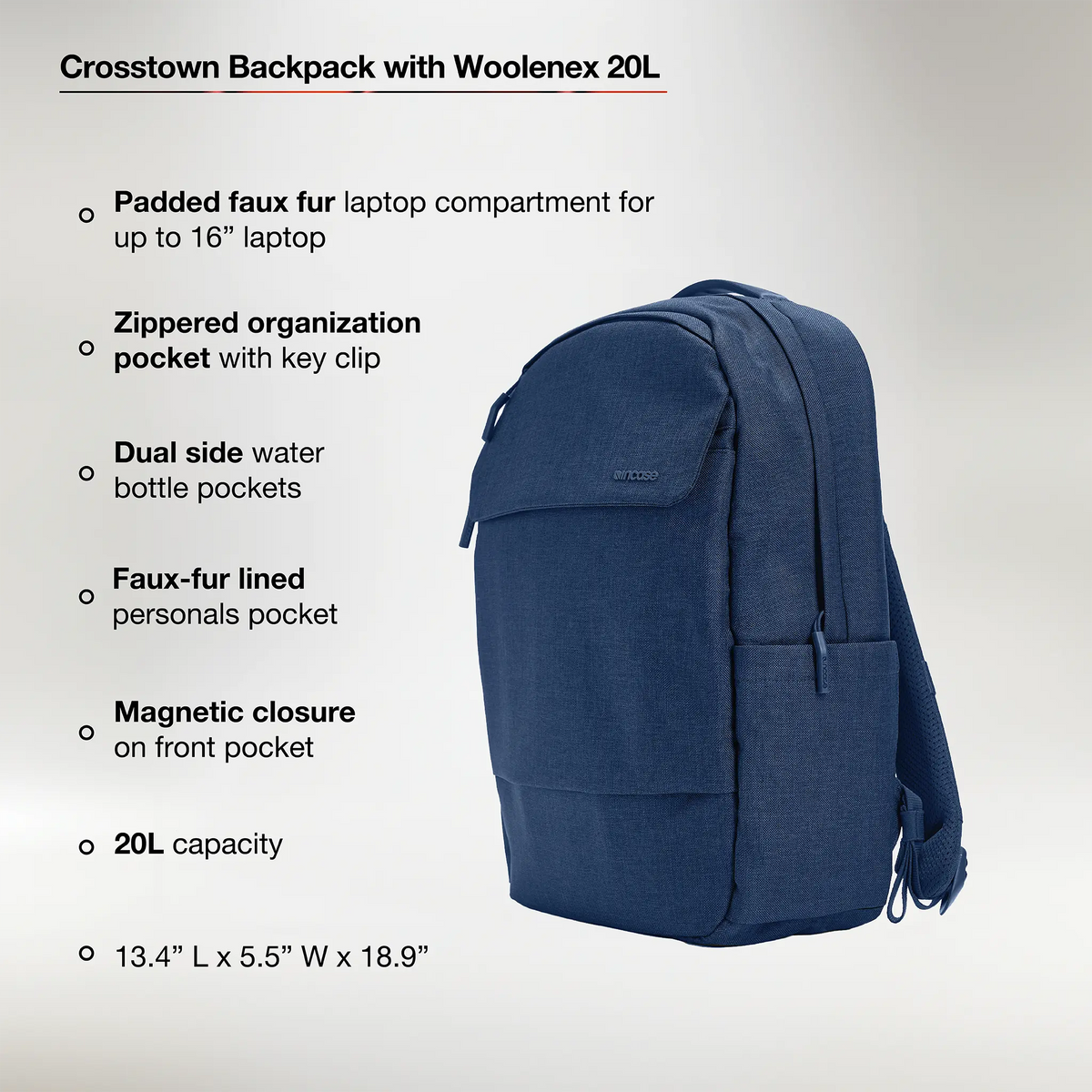 Incase feature graphic for the Crosstown Backpack with Woolenex 20L, with callouts for the laptop compartment, pockets, bottle holders, capacity and dimensions