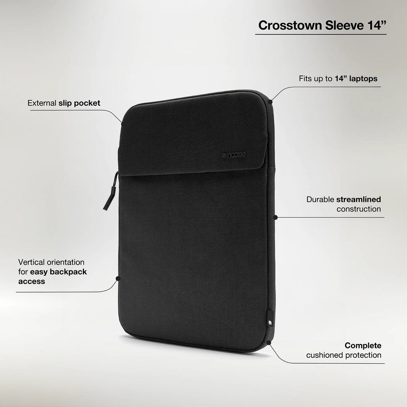 Incase feature graphic for the black Crosstown Sleeve 14 inch with callouts for the slip pocket, 14-inch fit, construction, vertical orientation and cushioning