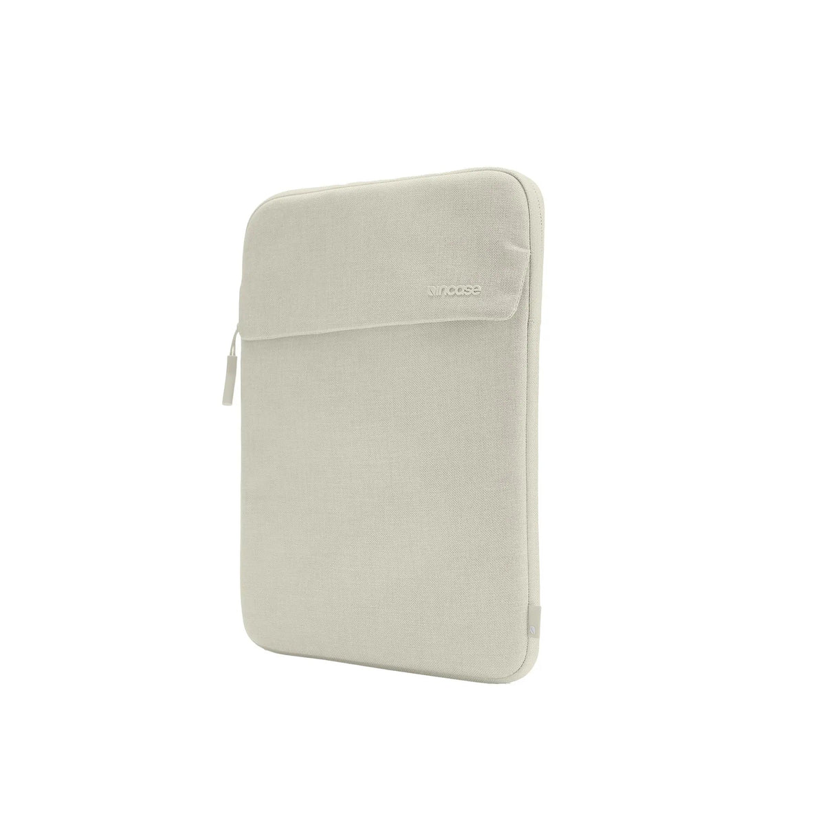 Incase Crosstown Sleeve for 14-inch laptops in Limestone, a light beige-grey, standing upright at a three-quarter angle on a plain white background