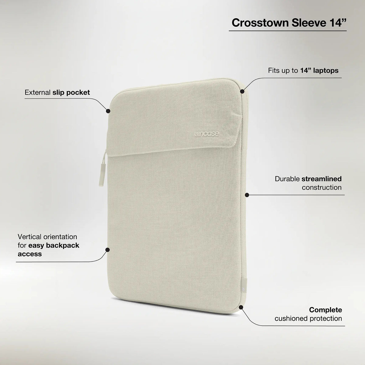 Incase feature graphic for the Limestone Crosstown Sleeve 14 inch with callouts for the slip pocket, 14-inch fit, construction, vertical orientation and cushioning