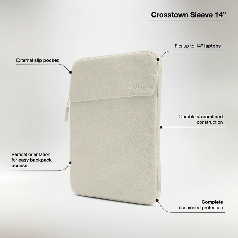 Incase feature graphic for the Limestone Crosstown Sleeve 14 inch with callouts for the slip pocket, 14-inch fit, construction, vertical orientation and cushioning