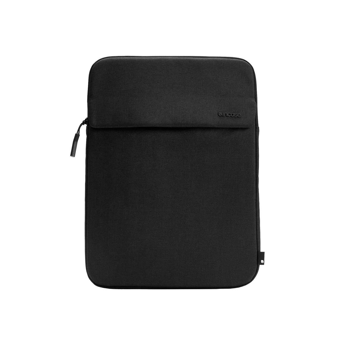 Front of the black Crosstown 16-inch sleeve showing the external slip pocket, on a plain white background