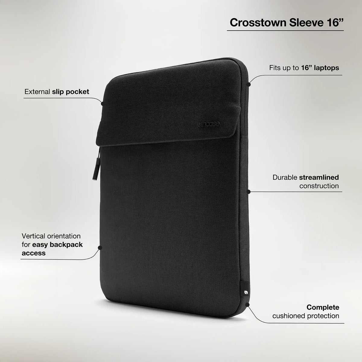 Incase feature graphic for the black Crosstown Sleeve 16 inch with callouts for the slip pocket, 16-inch fit, construction, vertical orientation and cushioning