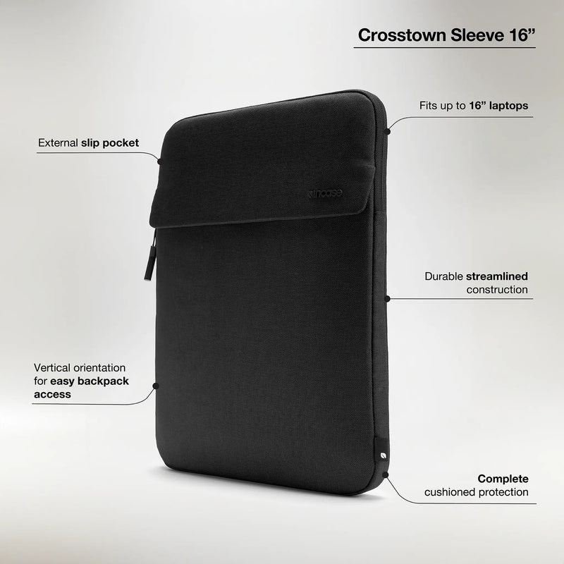 Incase feature graphic for the black Crosstown Sleeve 16 inch with callouts for the slip pocket, 16-inch fit, construction, vertical orientation and cushioning