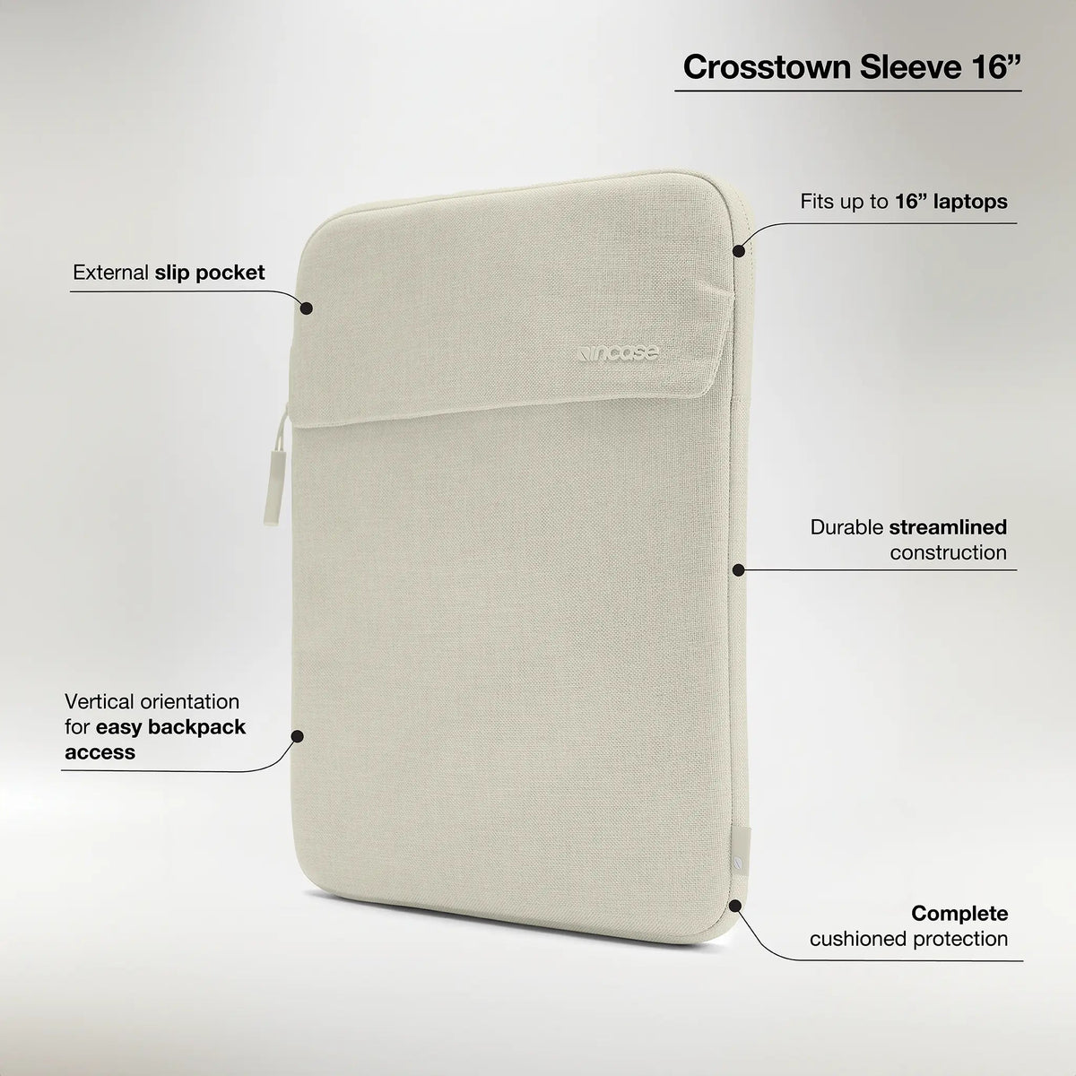 Incase feature graphic for the Limestone Crosstown Sleeve 16 inch with callouts for the slip pocket, 16-inch fit, construction, vertical orientation and cushioning