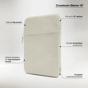 Incase feature graphic for the Limestone Crosstown Sleeve 16 inch with callouts for the slip pocket, 16-inch fit, construction, vertical orientation and cushioning