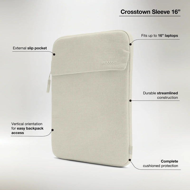 Incase feature graphic for the Limestone Crosstown Sleeve 16 inch with callouts for the slip pocket, 16-inch fit, construction, vertical orientation and cushioning