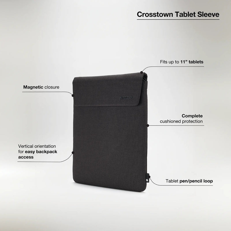 Incase feature graphic for the Crosstown Tablet Sleeve with callouts for the magnetic closure, 11-inch fit, cushioning, vertical orientation and pencil loop