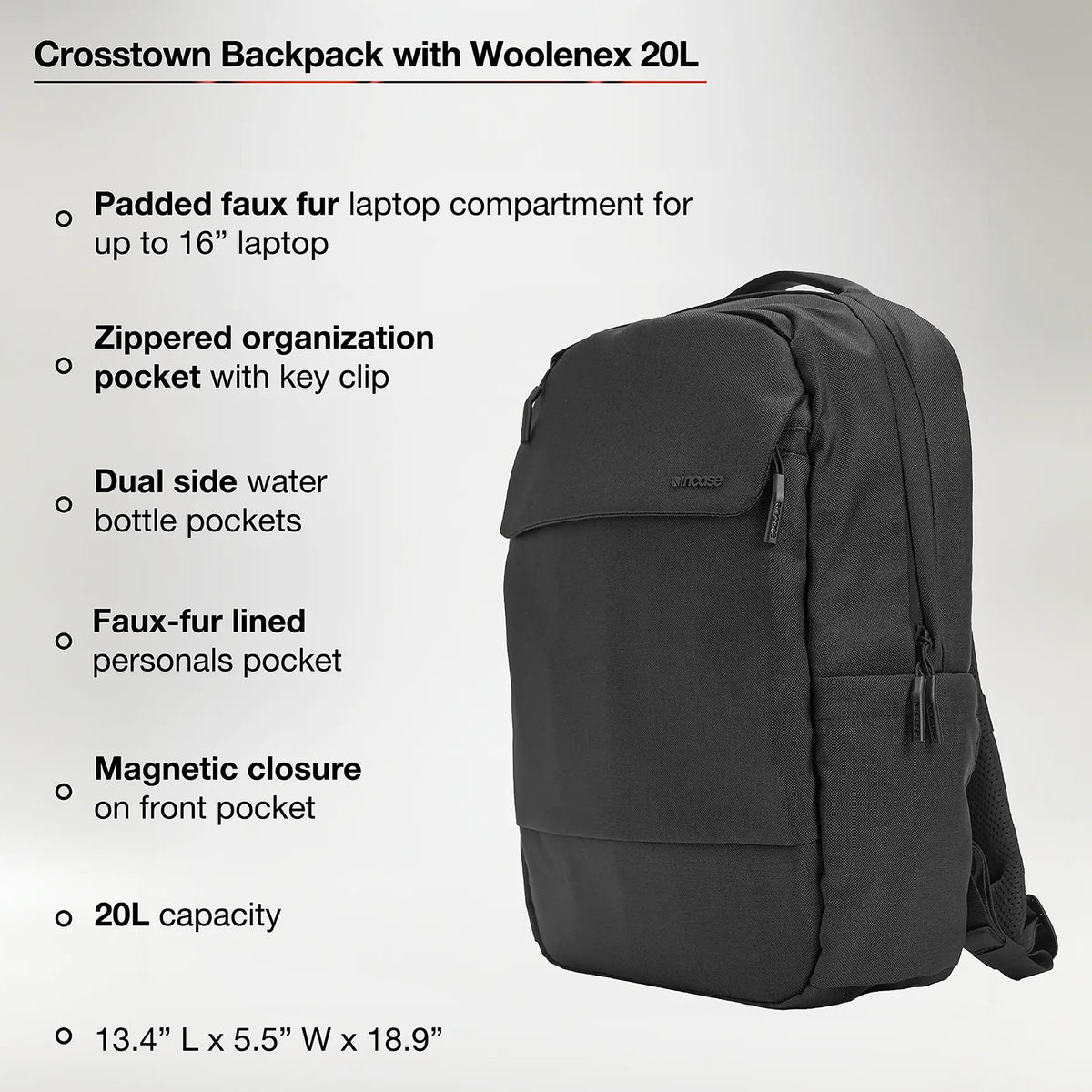 Feature overview graphic highlighting the backpack's 20 litre capacity, faux fur lined laptop compartment, organisation pocket with key clip, dual bottle holders, magnetic front pocket and compact dimensions.