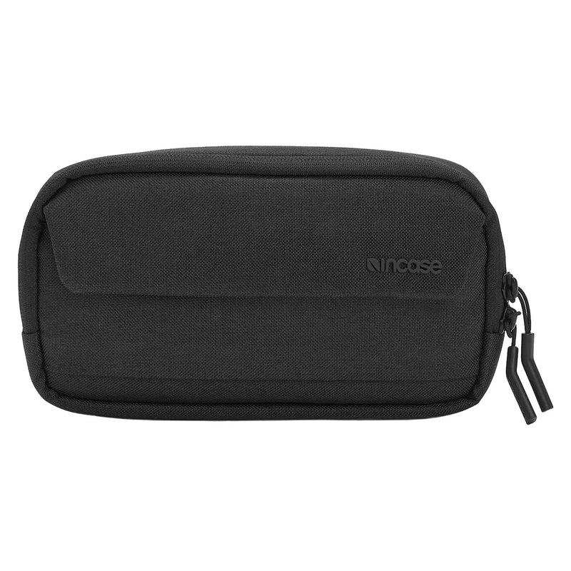 Front studio image of the Incase Crosstown Sling Black showing the clean minimalist exterior, front flap pocket, dual zipper pulls and subtle Incase branding against a white background.