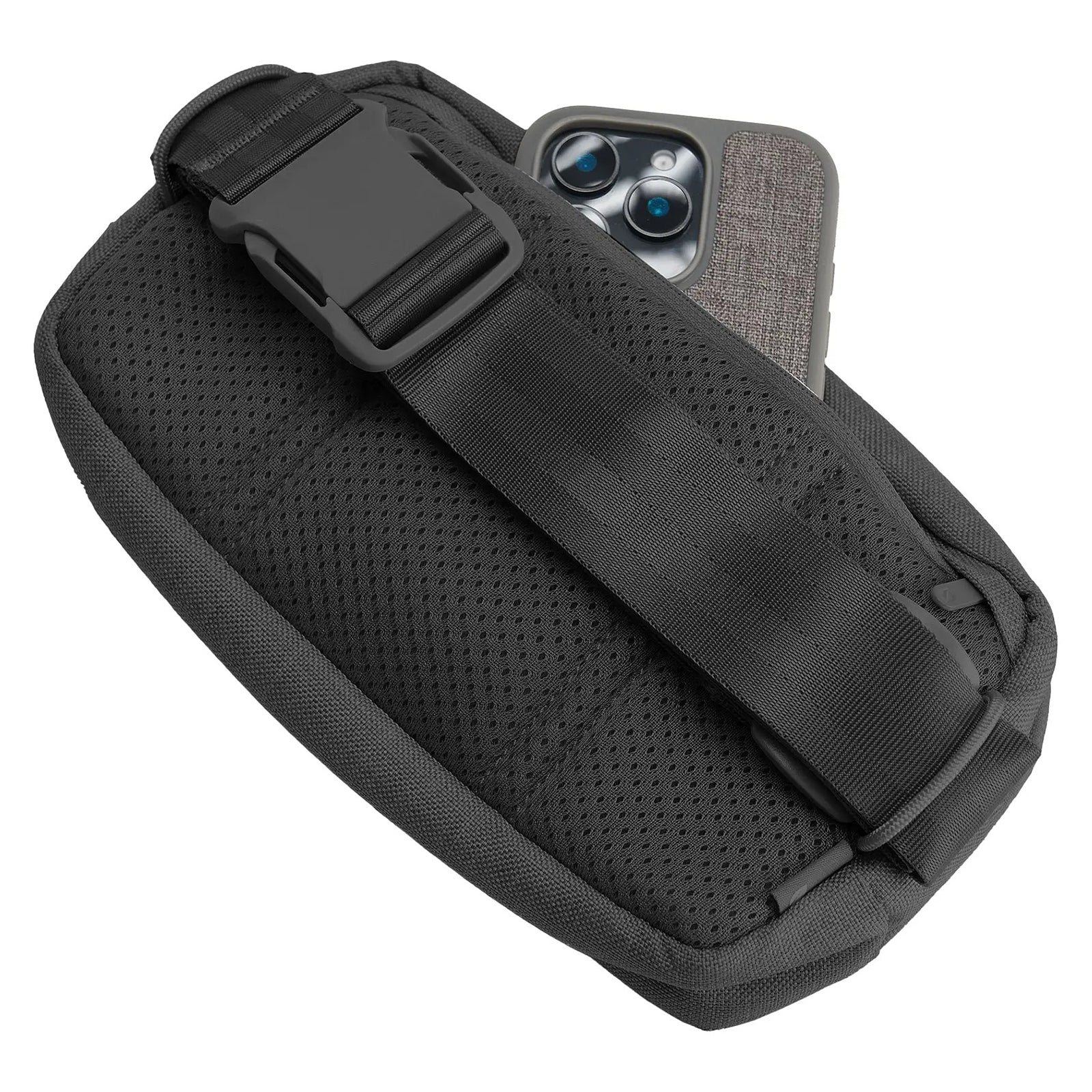 Rear angled view highlighting the breathable padded mesh back panel, adjustable webbing strap and secure buckle closure. A smartphone is shown partially inserted into the rear area to demonstrate accessible storage.