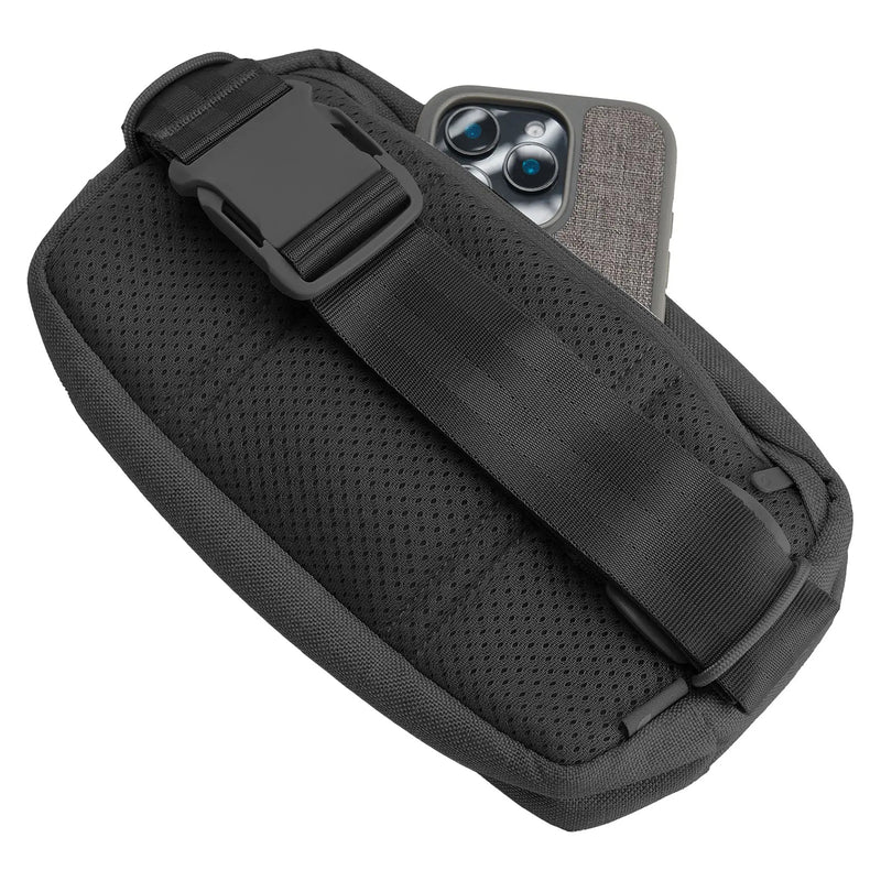 Rear angled view highlighting the breathable padded mesh back panel, adjustable webbing strap and secure buckle closure. A smartphone is shown partially inserted into the rear area to demonstrate accessible storage.