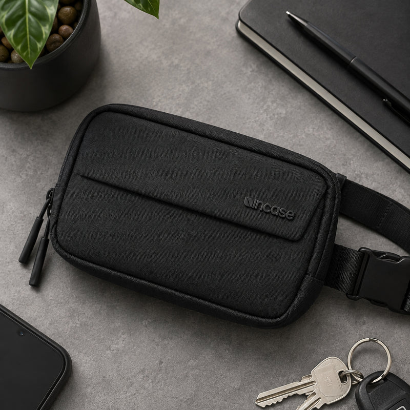 Top down desk flat lay of the Incase Crosstown Sling Black beside a smartphone, notebook, keys and indoor plant. The image highlights the premium textured exterior, clean design and compact footprint suitable for organised everyday carry.