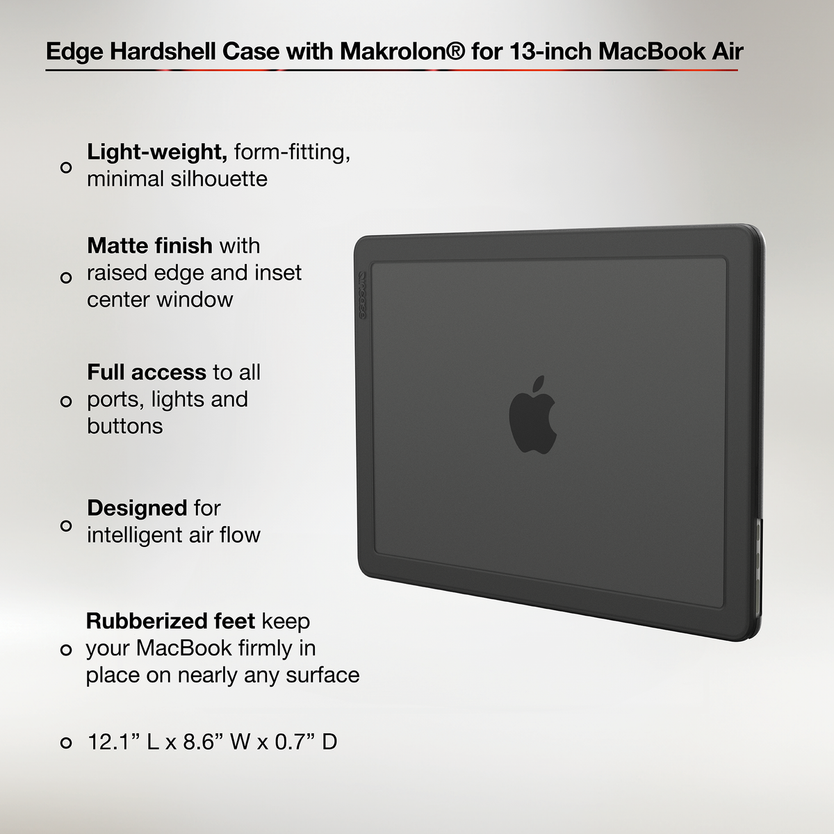 Incase feature graphic for the Black Edge Hardshell on a 13-inch MacBook Air, with callouts for the matte finish, raised edges, port access, air flow, rubberised feet and dimensions