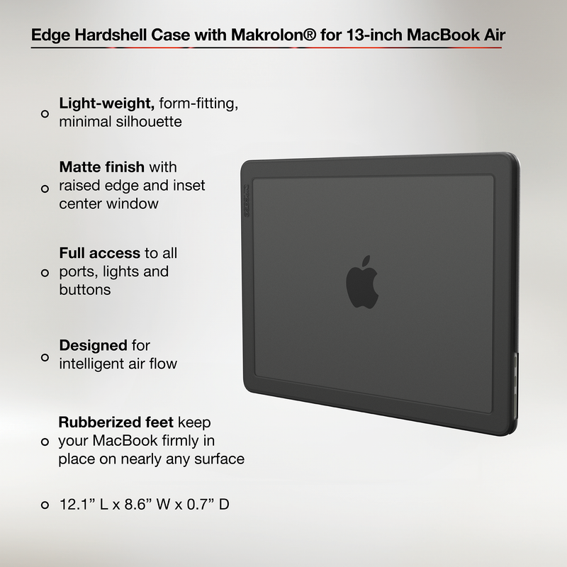 Incase feature graphic for the Black Edge Hardshell on a 13-inch MacBook Air, with callouts for the matte finish, raised edges, port access, air flow, rubberised feet and dimensions