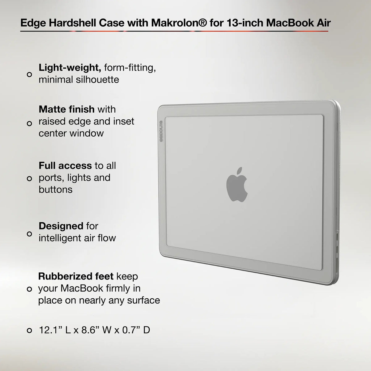 Incase feature graphic for the Clear Edge Hardshell on a 13-inch MacBook Air, with callouts for the matte finish, raised edges, port access, air flow, rubberised feet and dimensions