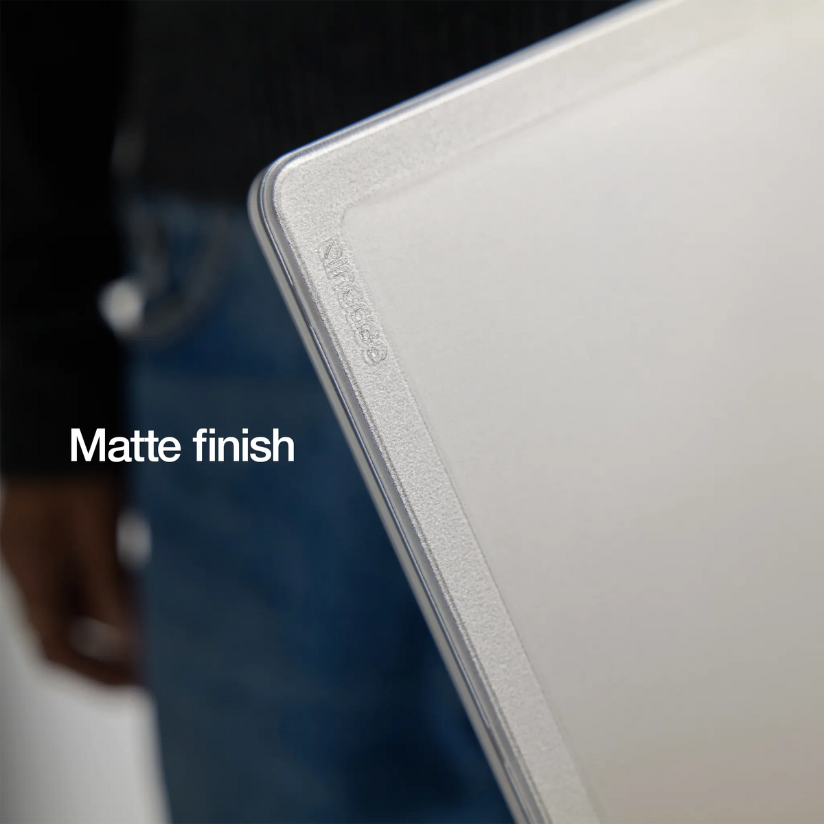 Close-up of a corner of the Clear Edge Hardshell showing the matte surface, with the overlay text Matte finish