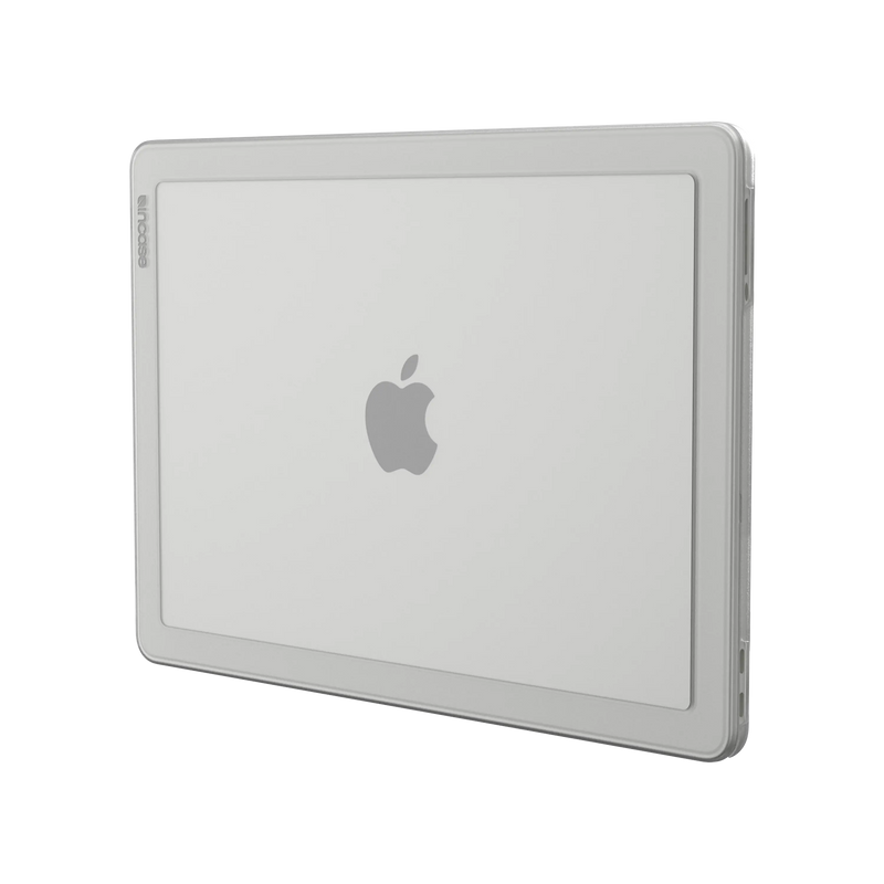 Incase Edge Hardshell in Clear on a 13-inch MacBook Neo, angled view of the closed lid on a plain background