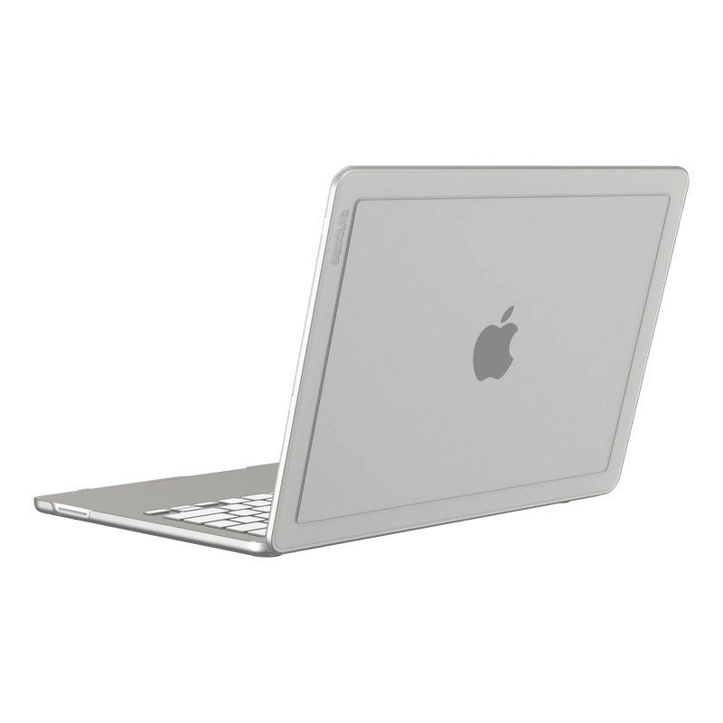 Clear Edge Hardshell on a MacBook Neo, rear three-quarter view with the lid open and the keyboard visible
