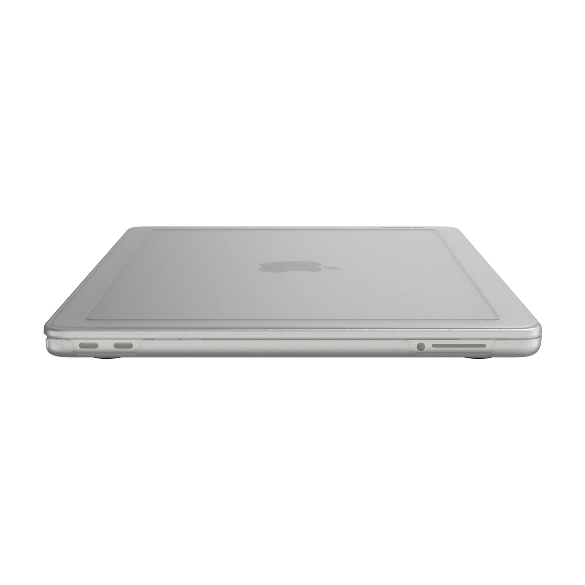 Clear Edge Hardshell on a closed MacBook Neo, side profile showing the cut-outs that leave the ports open