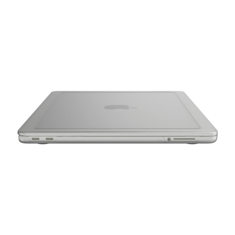 Clear Edge Hardshell on a closed MacBook Neo, side profile showing the cut-outs that leave the ports open