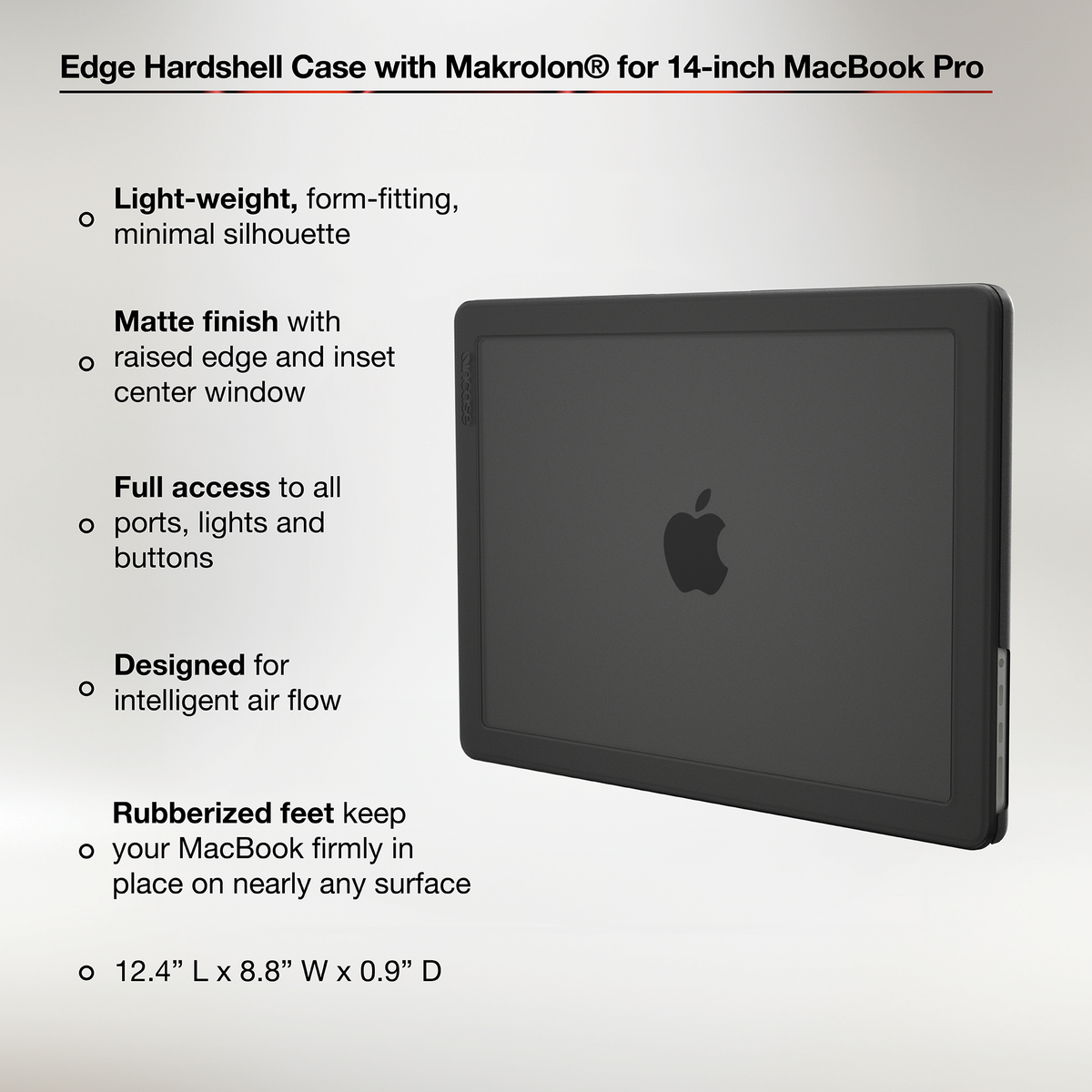 Incase feature graphic for the Black Edge Hardshell on a 14-inch MacBook Pro, with callouts for the matte finish, raised edges, port access, air flow, rubberised feet and dimensions