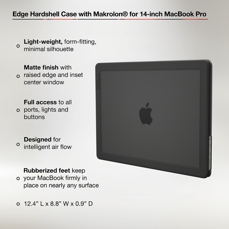 Incase feature graphic for the Black Edge Hardshell on a 14-inch MacBook Pro, with callouts for the matte finish, raised edges, port access, air flow, rubberised feet and dimensions