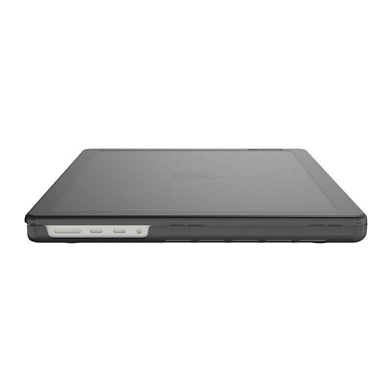 Black Edge Hardshell on a closed MacBook Pro, side profile showing the cut-outs that leave the ports open