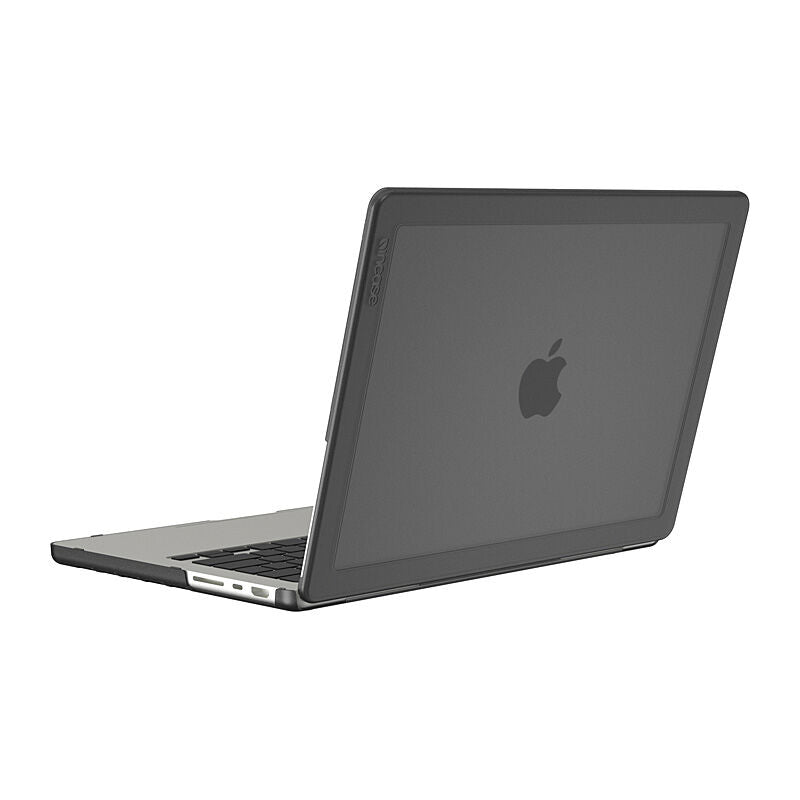 Black Edge Hardshell on a MacBook Pro, rear three-quarter view with the lid open and the keyboard visible