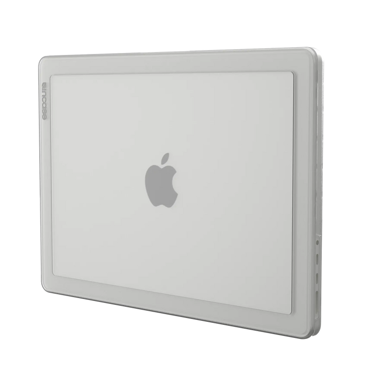Incase Edge Hardshell in Clear fitted to a 14-inch MacBook Pro, shown closed at an angle on a plain background
