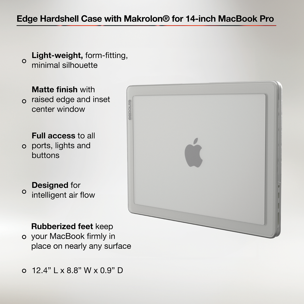 Incase feature graphic for the Clear Edge Hardshell on a 14-inch MacBook Pro, with callouts for the matte finish, raised edges, port access, air flow, rubberised feet and dimensions