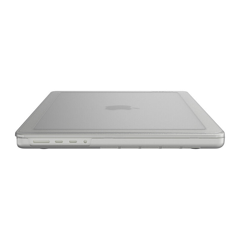 Clear Edge Hardshell on a closed MacBook Pro, side profile showing the cut-outs that leave the ports open