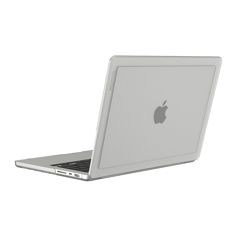 Clear Edge Hardshell on a MacBook Pro, rear three-quarter view with the lid open and the keyboard visible