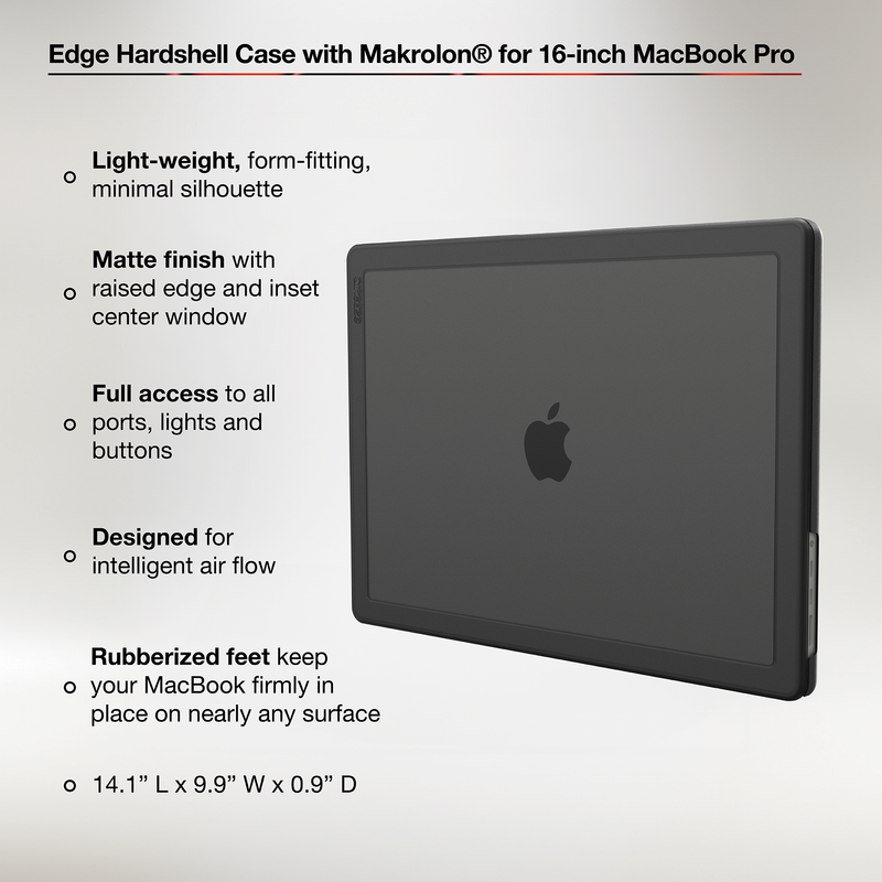 Incase feature graphic for the Black Edge Hardshell on a 16-inch MacBook Pro, with callouts for the matte finish, raised edges, port access, air flow, rubberised feet and dimensions