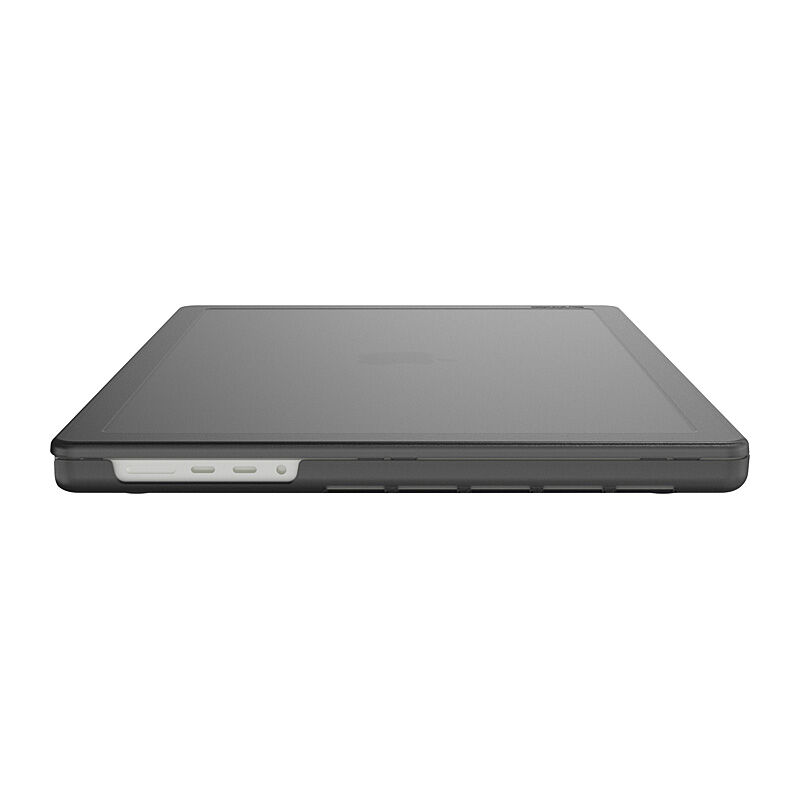 Black Edge Hardshell on a closed MacBook Pro, side profile showing the cut-outs that leave the ports open