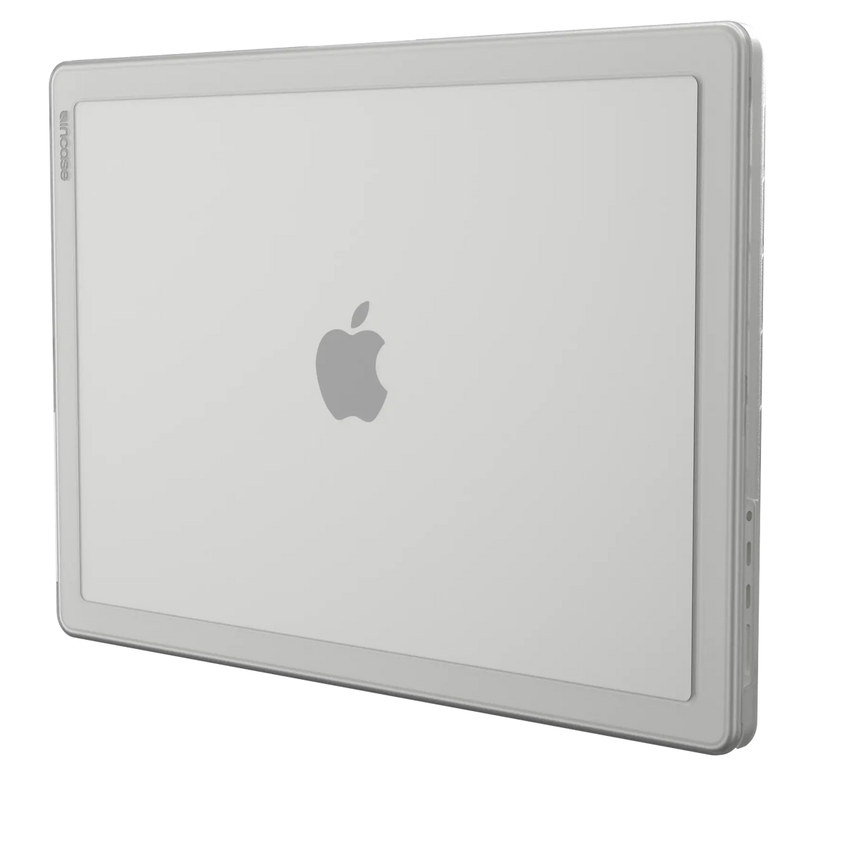 Incase Edge Hardshell in Clear fitted to a 16-inch MacBook Pro, shown closed at an angle on a plain background