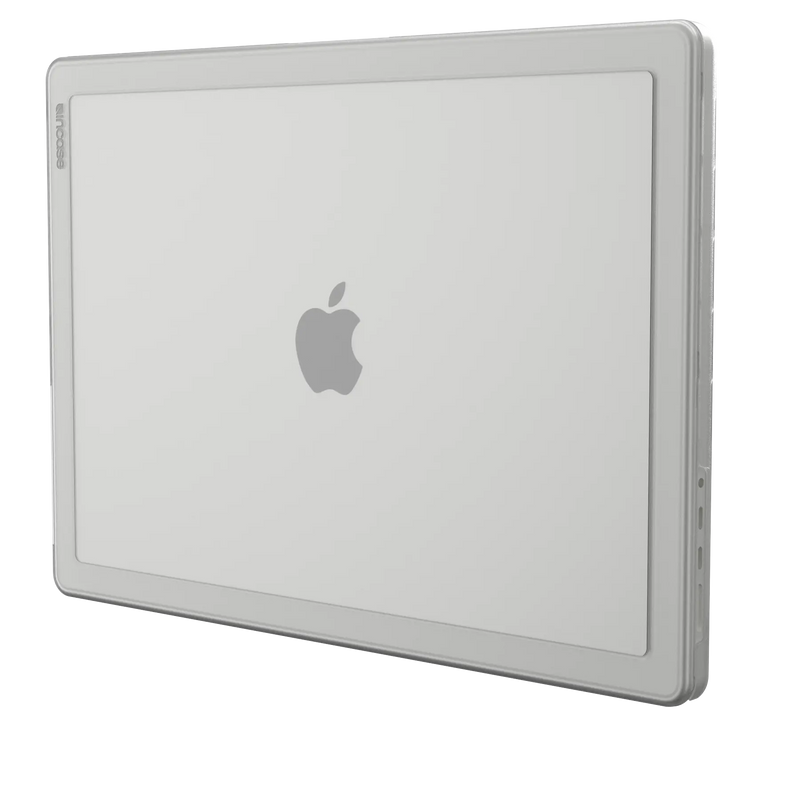 Incase Edge Hardshell in Clear fitted to a 16-inch MacBook Pro, shown closed at an angle on a plain background