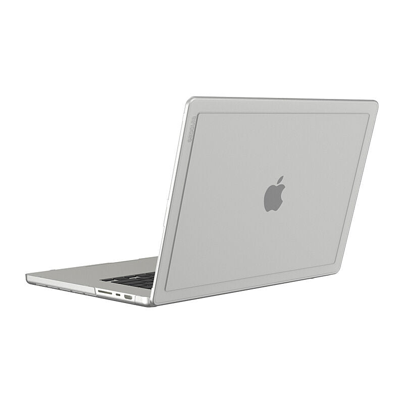 Clear Edge Hardshell on a MacBook Pro, rear three-quarter view with the lid open and the keyboard visible