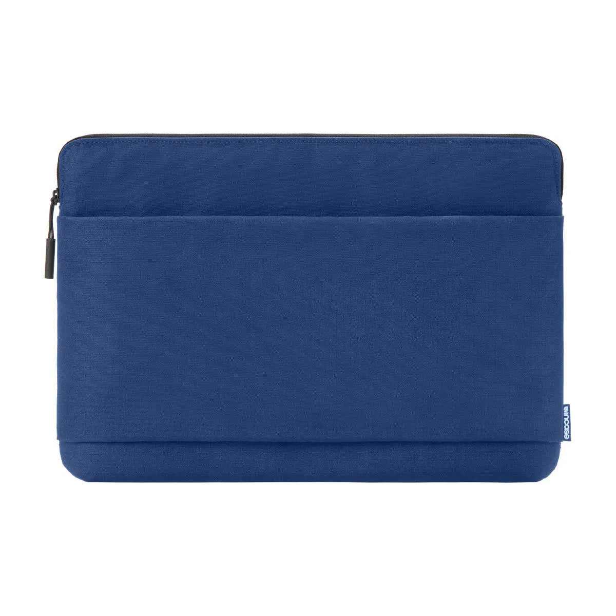 Front view of the navy Incase Go Sleeve 14-inch showing the zippered front accessories pocket