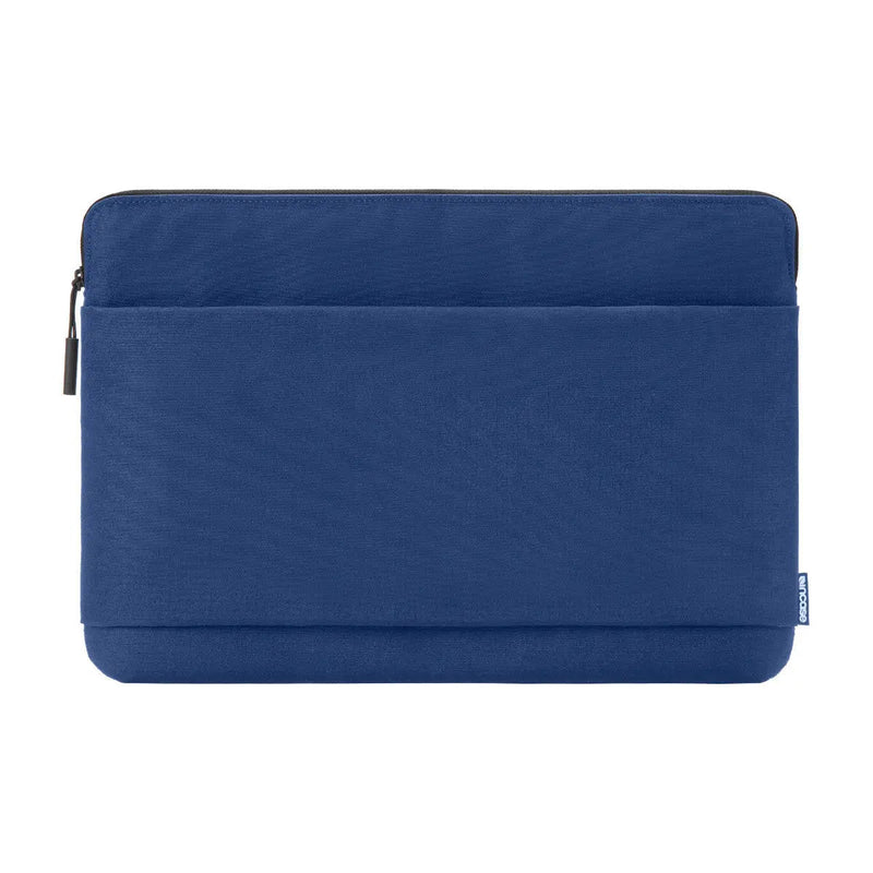 Front view of the navy Incase Go Sleeve 14-inch showing the zippered front accessories pocket