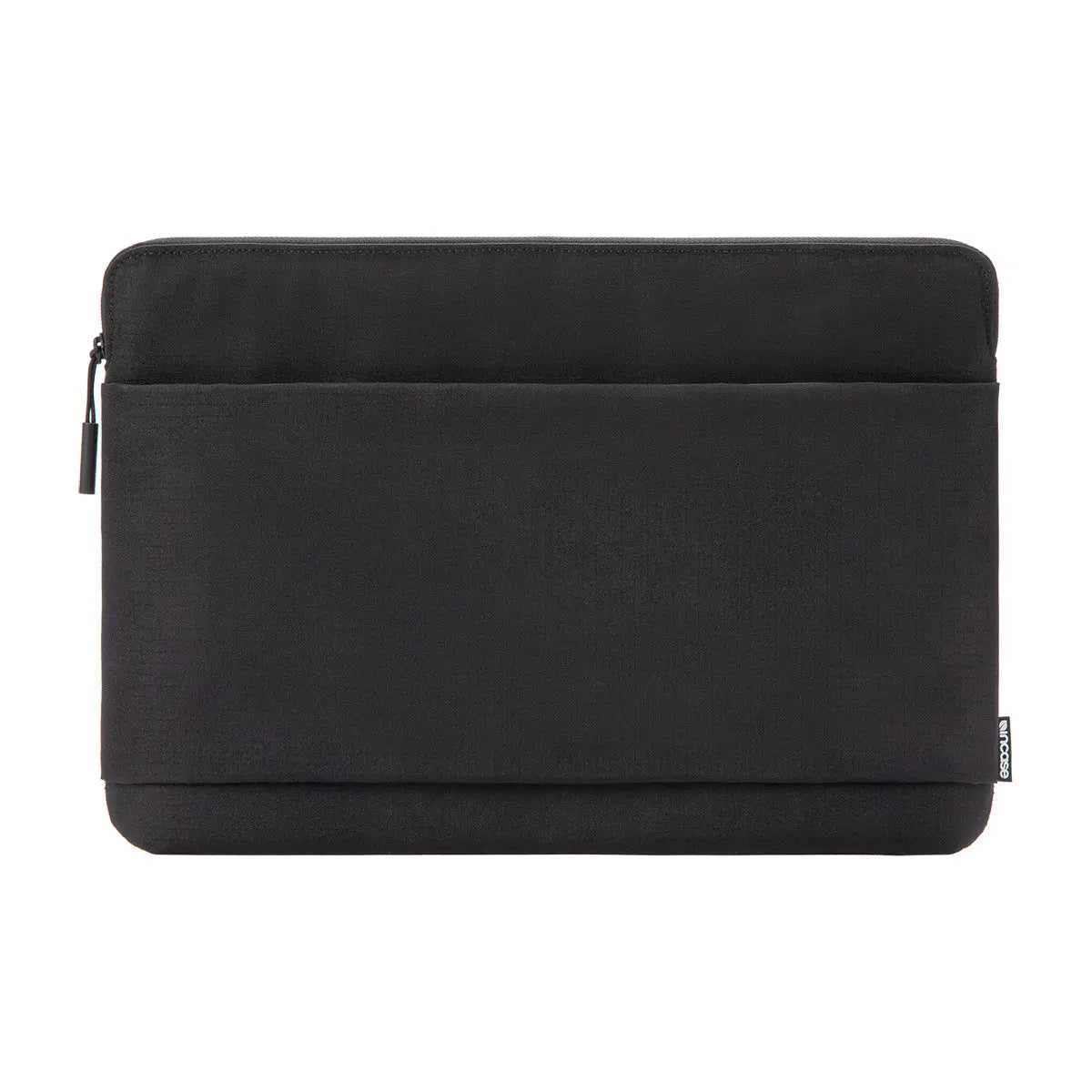 Front view of the black Incase Go Sleeve 16-inch showing the zippered front accessories pocket
