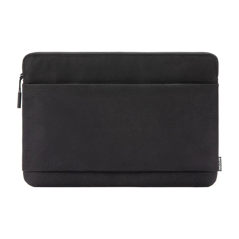 Front view of the black Incase Go Sleeve 16-inch showing the zippered front accessories pocket