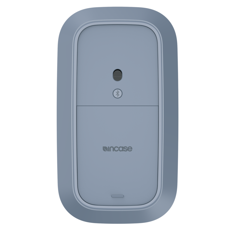 Underside of the Incase Designed by Microsoft Modern Mobile Mouse in light blue showing the Incase logo and Bluetooth button
