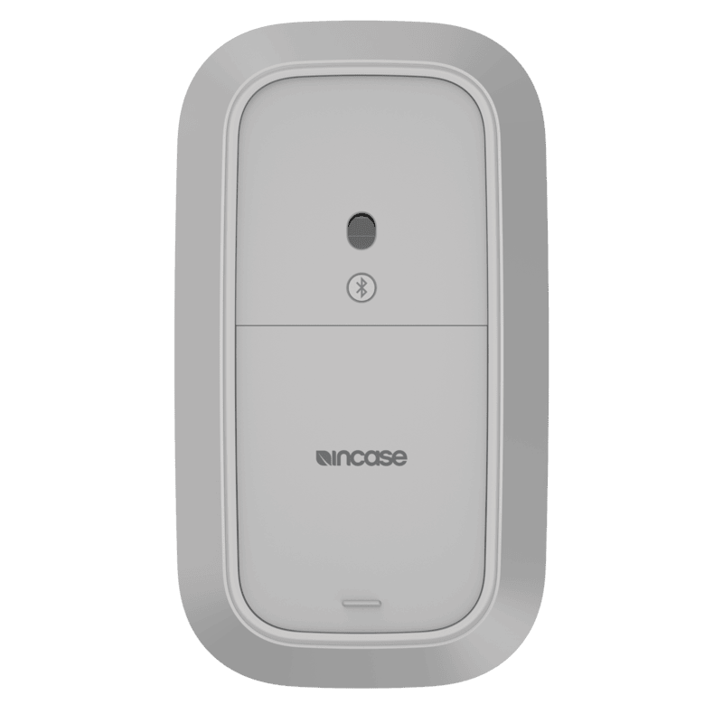 Underside of the Incase Designed by Microsoft Modern Mobile Mouse in platinum light grey showing the Incase logo and Bluetooth button
