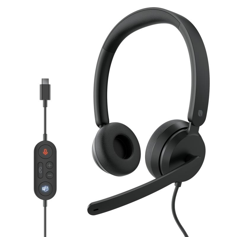 Incase Designed by Microsoft Modern USB-C Headset in black with boom microphone, USB-C cable and in-line control showing the Teams button, on a white background